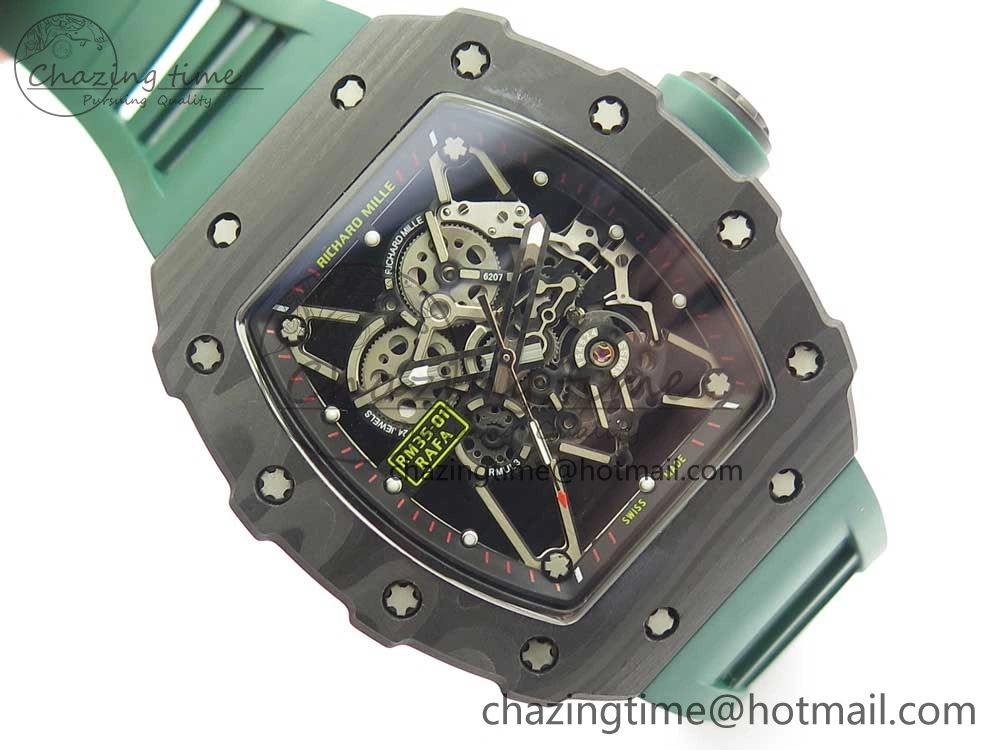 HighQuality RM035-02 Forge Carbon Caseback Titanium Case KVF Best Edition Skeleton Dial Green on Green Rubber Strap MIYOTA 9462