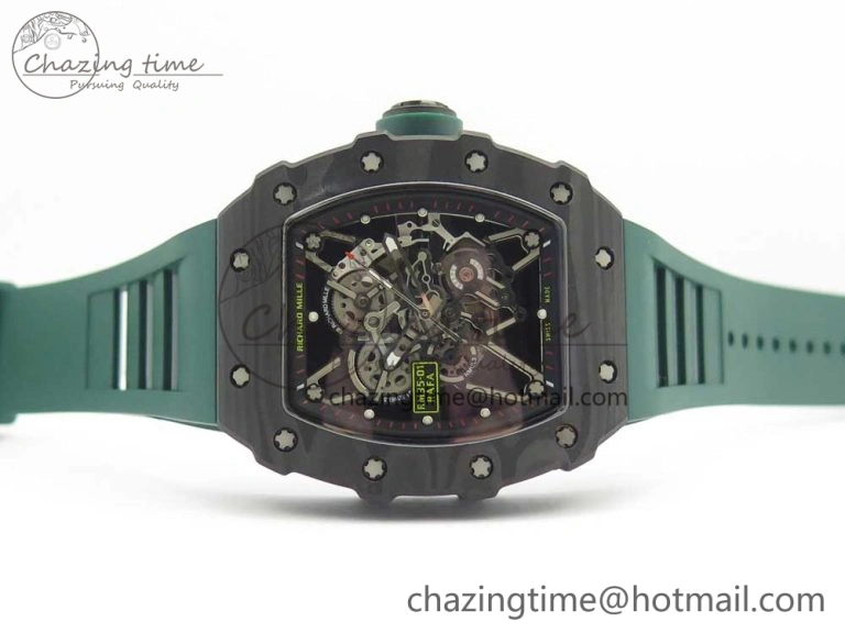 HighQuality RM035-02 Forge Carbon Caseback Titanium Case KVF Best Edition Skeleton Dial Green on Green Rubber Strap MIYOTA 9462