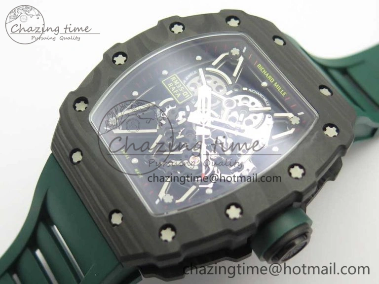 HighQuality RM035-02 Forge Carbon Caseback Titanium Case KVF Best Edition Skeleton Dial Green on Green Rubber Strap MIYOTA 9462