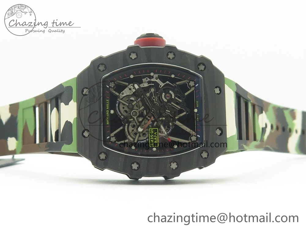 RM035-02 Forge Carbon Caseback Titanium Case KVF Best Edition Skeleton Dial Red on Camo Rubber Strap MIYOTA Breathable 9466
