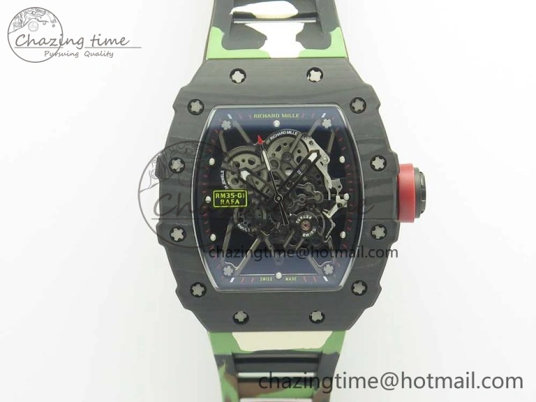 RM035-02 Forge Carbon Caseback Titanium Case KVF Best Edition Skeleton Dial Red on Camo Rubber Strap MIYOTA Breathable 9466