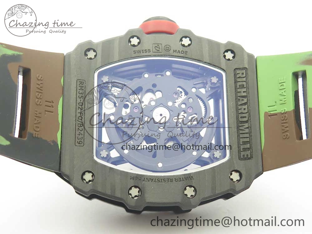RM035-02 Forge Carbon Titanium Case KVF Best Edition Skeleton Dial Red on Camo Rubber Strap MIYOTA EasyMatch 9469