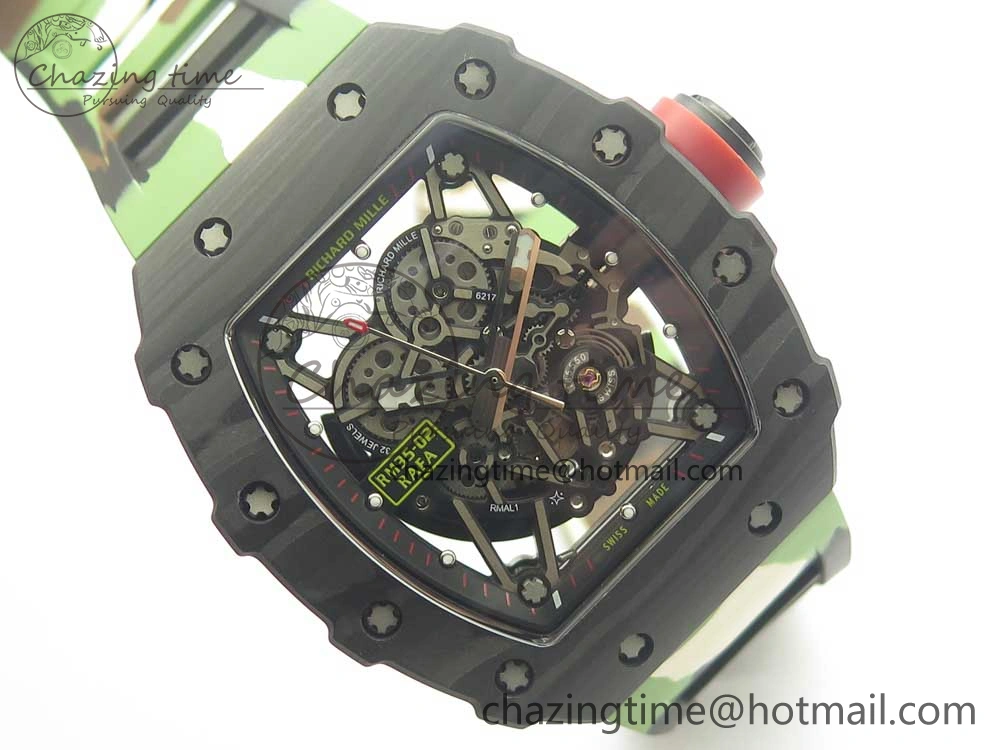 RM035-02 Forge Carbon Titanium Case KVF Best Edition Skeleton Dial Red on Camo Rubber Strap MIYOTA EasyMatch 9469
