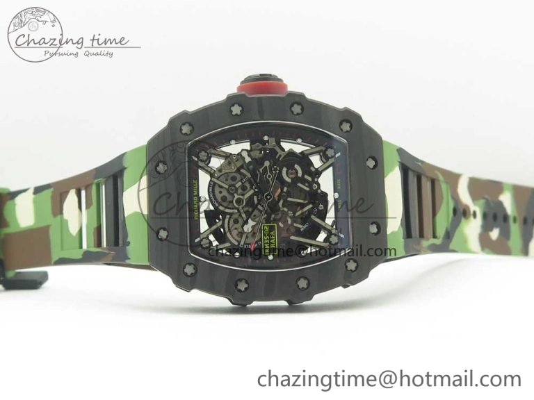 RM035-02 Forge Carbon Titanium Case KVF Best Edition Skeleton Dial Red on Camo Rubber Strap MIYOTA EasyMatch 9469