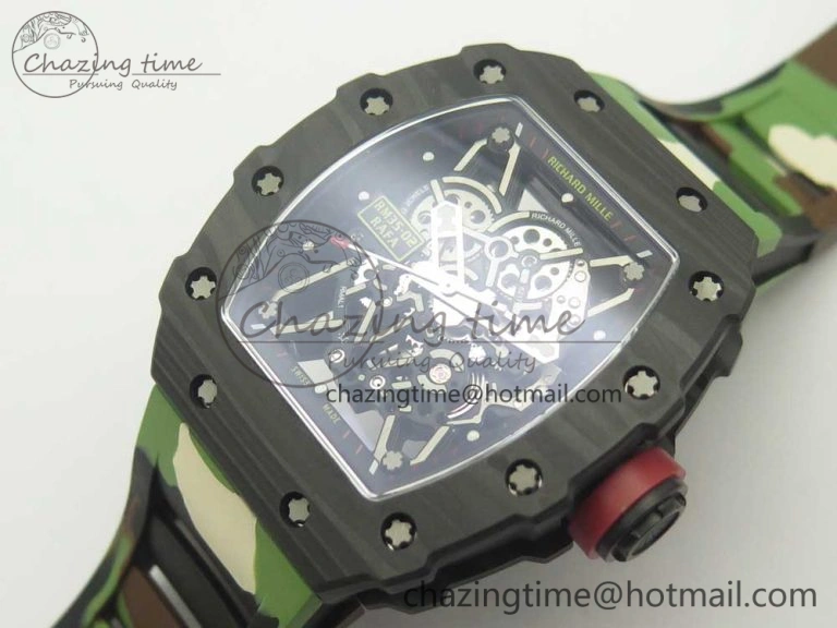 RM035-02 Forge Carbon Titanium Case KVF Best Edition Skeleton Dial Red on Camo Rubber Strap MIYOTA EasyMatch 9469