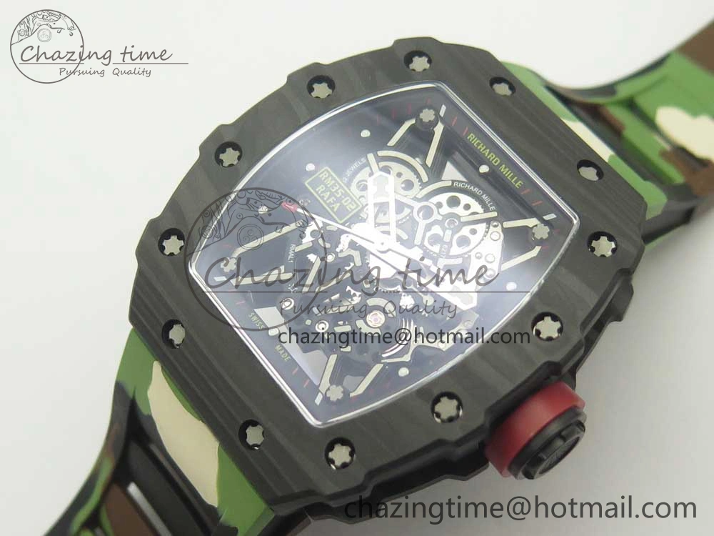 RM035-02 Forge Carbon Titanium Case KVF Best Edition Skeleton Dial Red on Camo Rubber Strap MIYOTA EasyMatch 9469