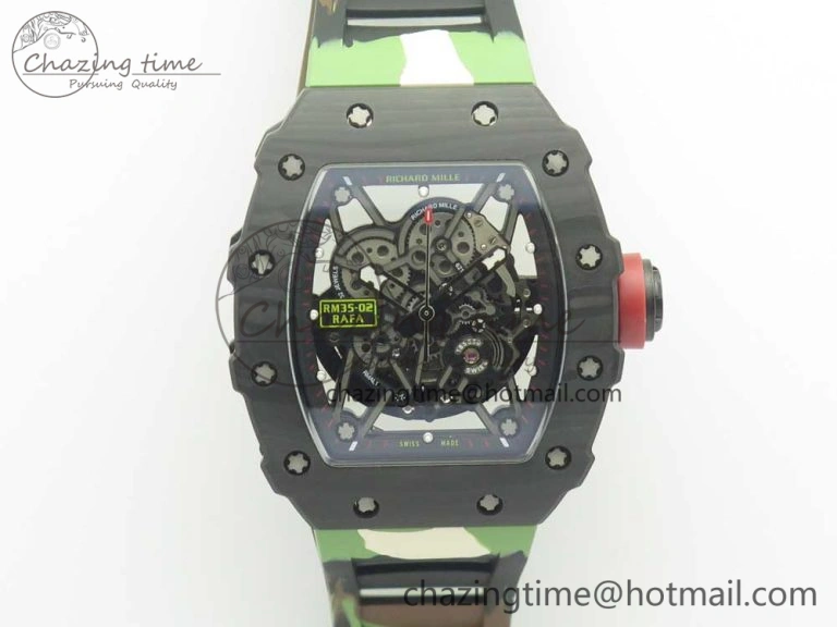 RM035-02 Forge Carbon Titanium Case KVF Best Edition Skeleton Dial Red on Camo Rubber Strap MIYOTA EasyMatch 9469