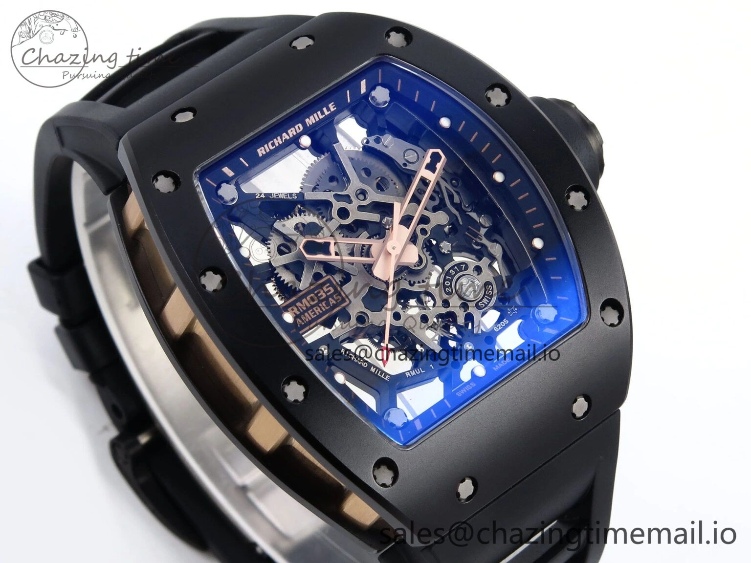 Durable RM035-02 RG Black Ceramic SONIC Best Edition Skeleton Dial on Black Rubber Strap Clone RMUL 9262