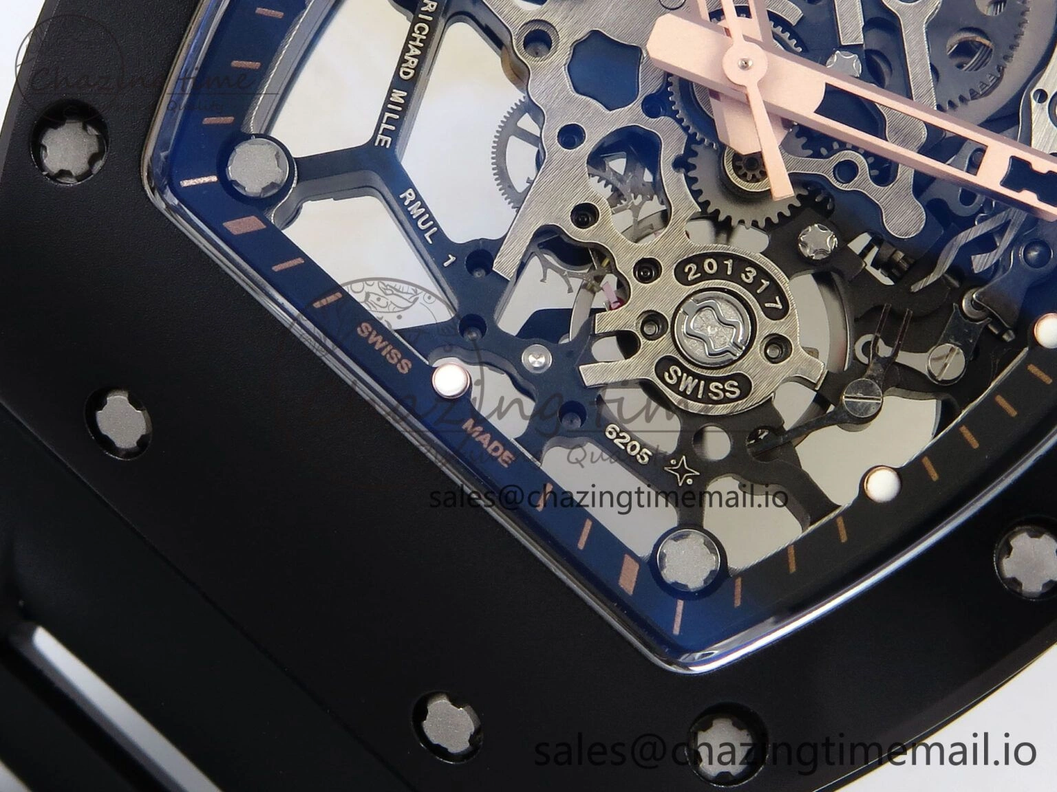 Durable RM035-02 RG Black Ceramic SONIC Best Edition Skeleton Dial on Black Rubber Strap Clone RMUL 9262