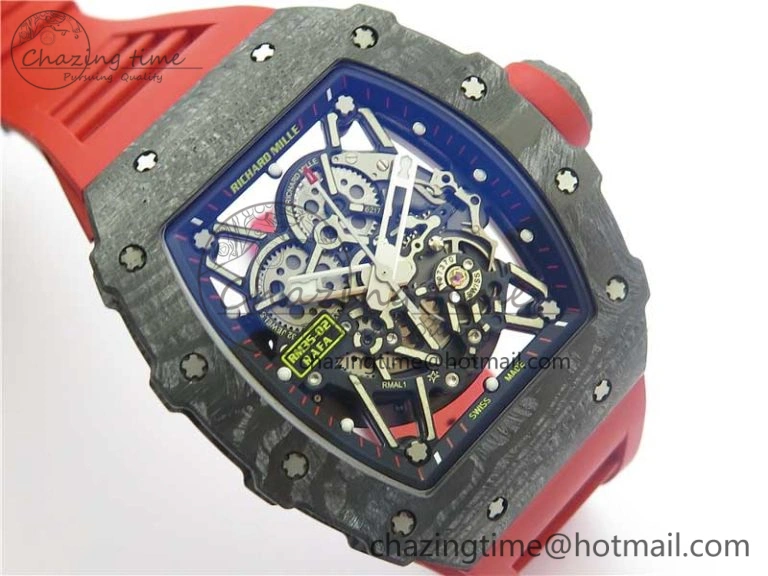 RM035-02 Real Forge Carbon Z+F 1:1 Best Edition Skeleton Dial on Red Rubber Strap NH05A Elegant 9451
