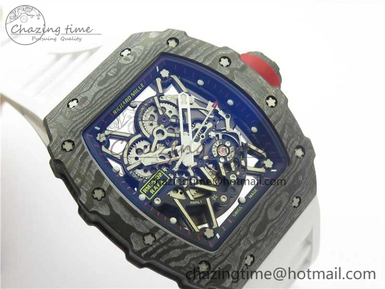 RM035-02 Real Forge Carbon Z+F 1:1 Best Edition Skeleton Dial on White Rubber Strap NH05A Timeless 9452