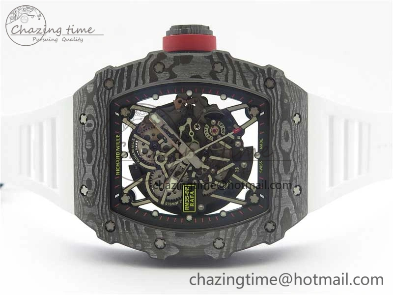 RM035-02 Real Forge Carbon Z+F 1:1 Best Edition Skeleton Dial on White Rubber Strap NH05A Timeless 9452
