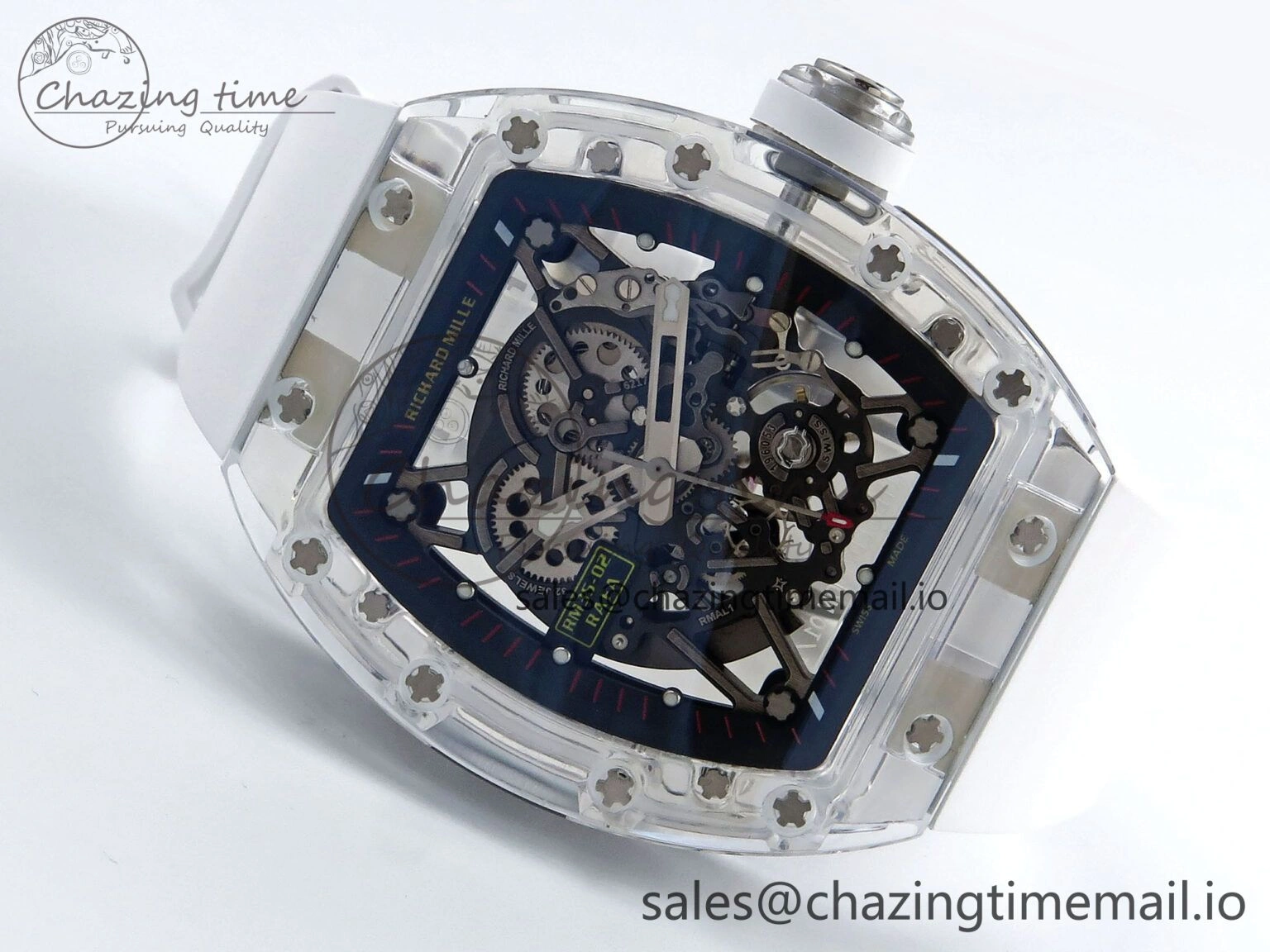 RM035-02 Transparent RMF 1:1 Best Edition Skeleton Dial on White Rubber Strap RMAL WrinkleFree 9282