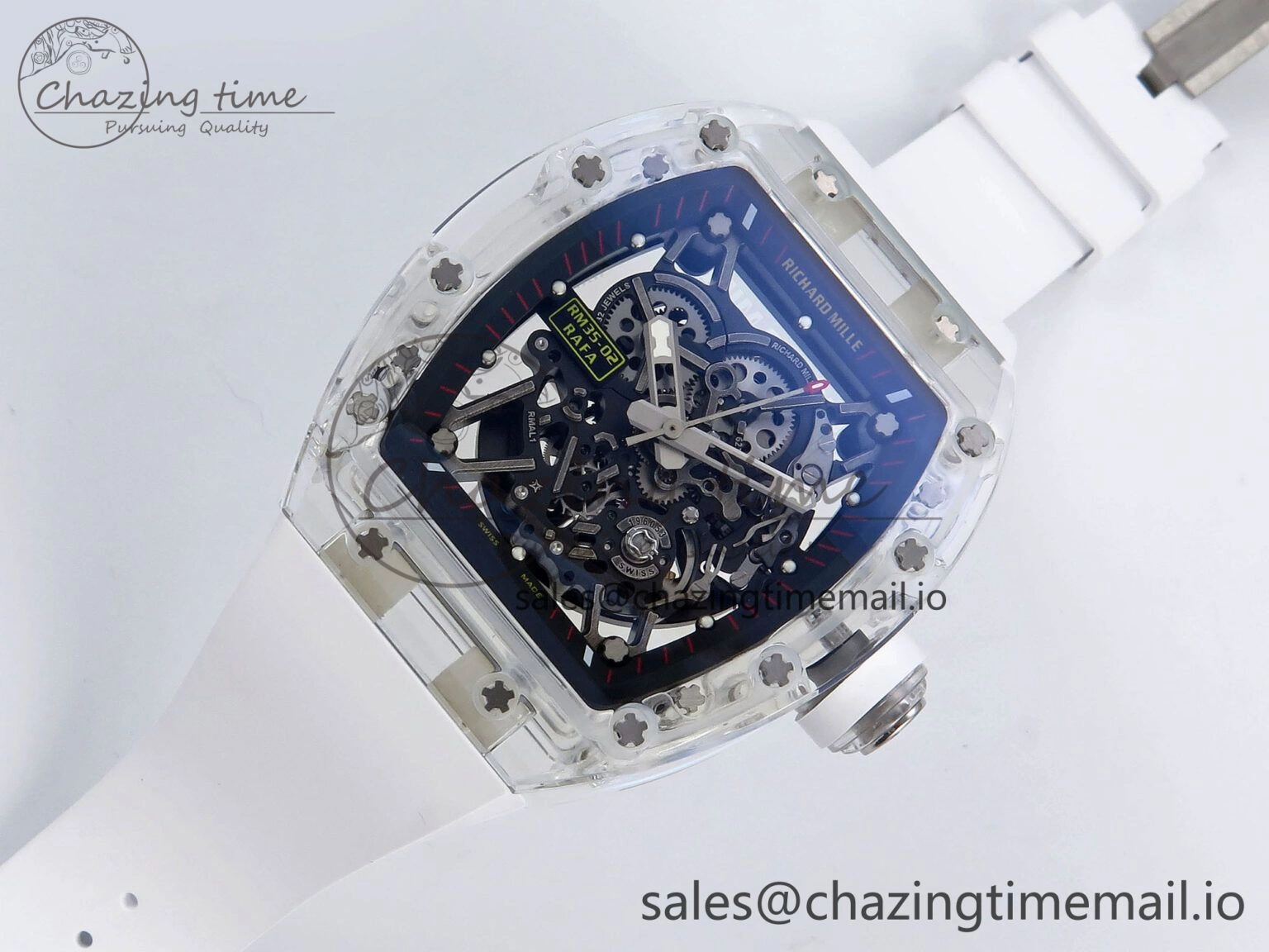 RM035-02 Transparent RMF 1:1 Best Edition Skeleton Dial on White Rubber Strap RMAL WrinkleFree 9282
