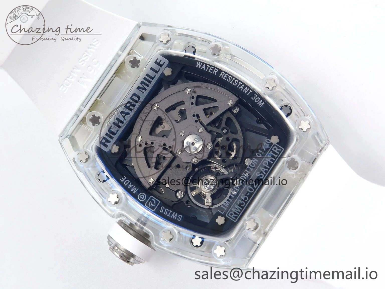 RM035-02 Transparent RMF 1:1 Best Edition Skeleton Dial on White Rubber Strap RMAL WrinkleFree 9282