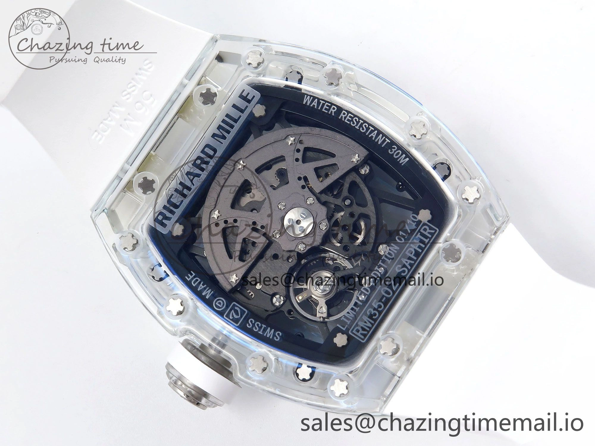 RM035-02 Transparent RMF 1:1 Best Edition Skeleton Dial on White Rubber Strap RMAL WrinkleFree 9282
