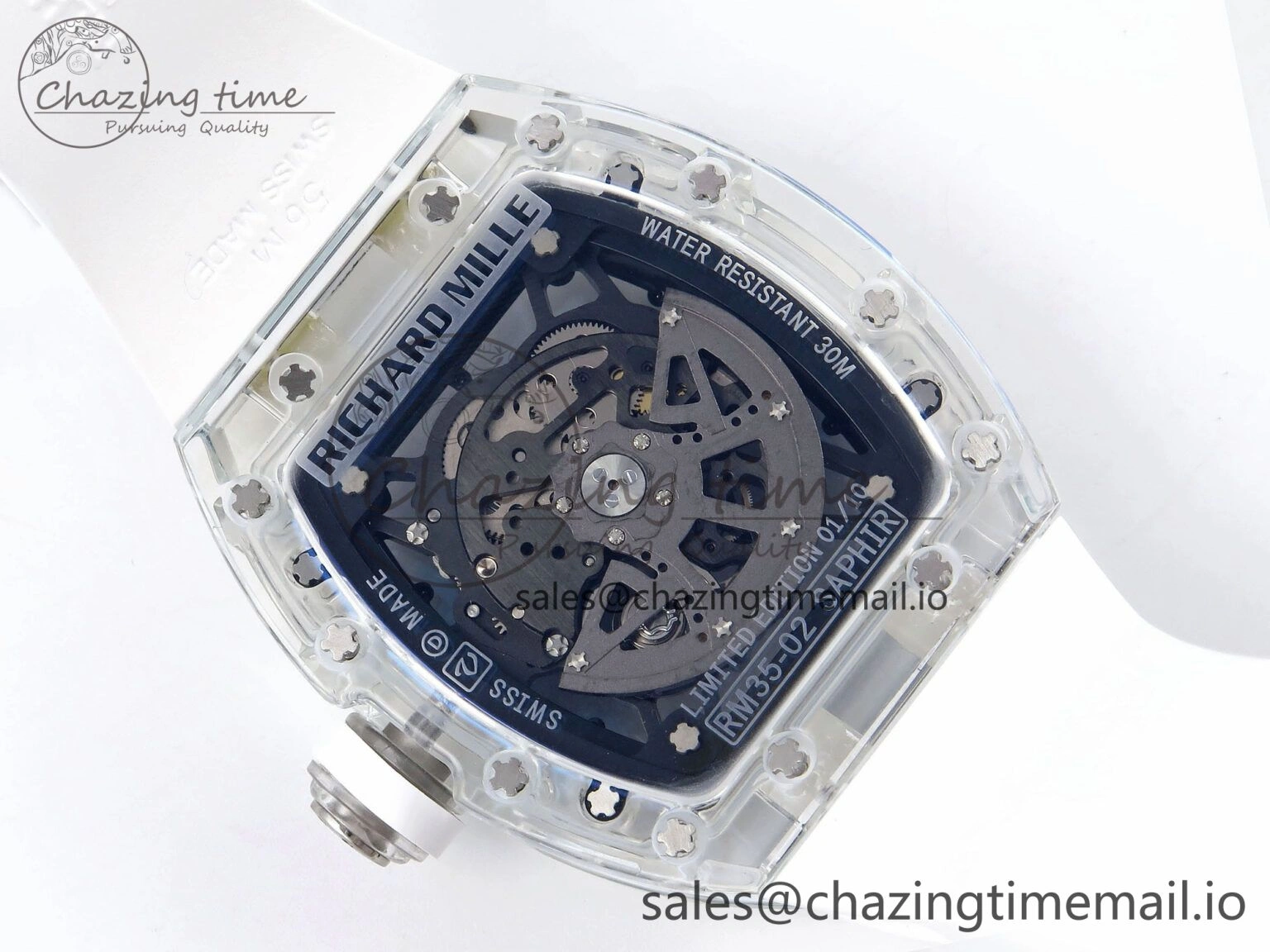 RM035-02 Transparent RMF 1:1 Best Edition Skeleton Dial on White Rubber Strap RMAL WrinkleFree 9282