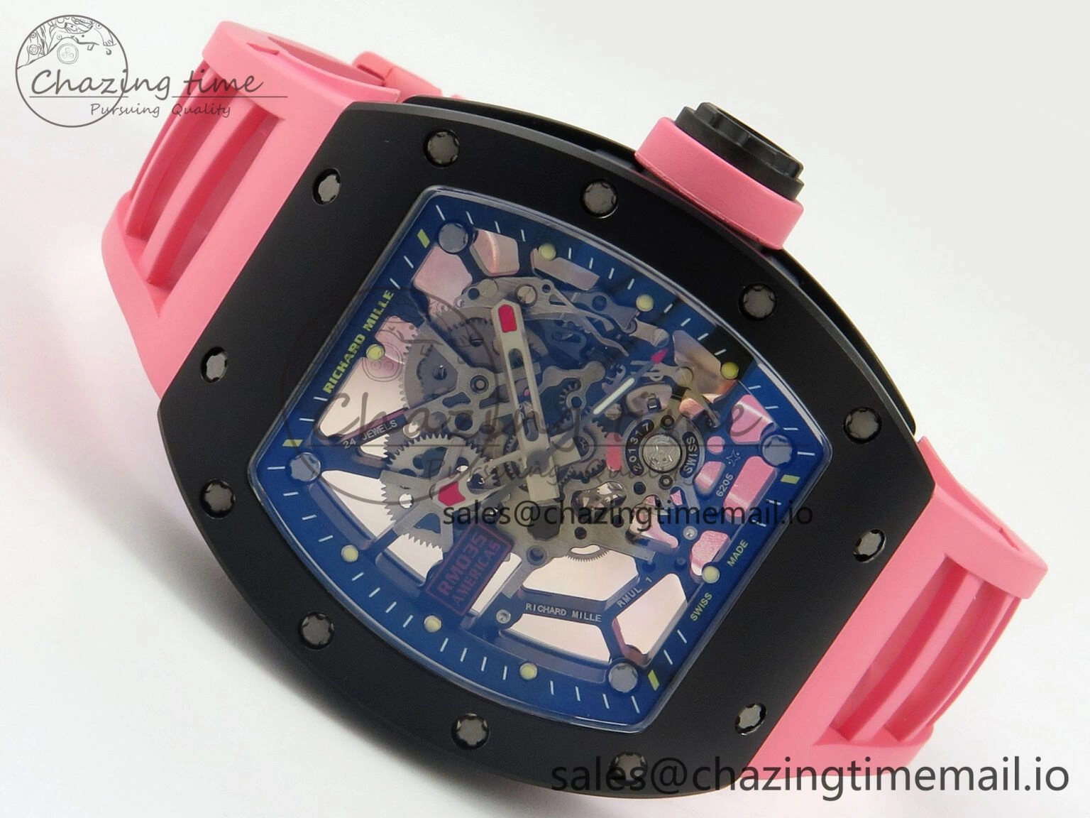 RM035 Americas RG Black Ceramic SONIC Best Edition Skeleton Dial on Pink Rubber Strap Clone RMUL Classic 9141
