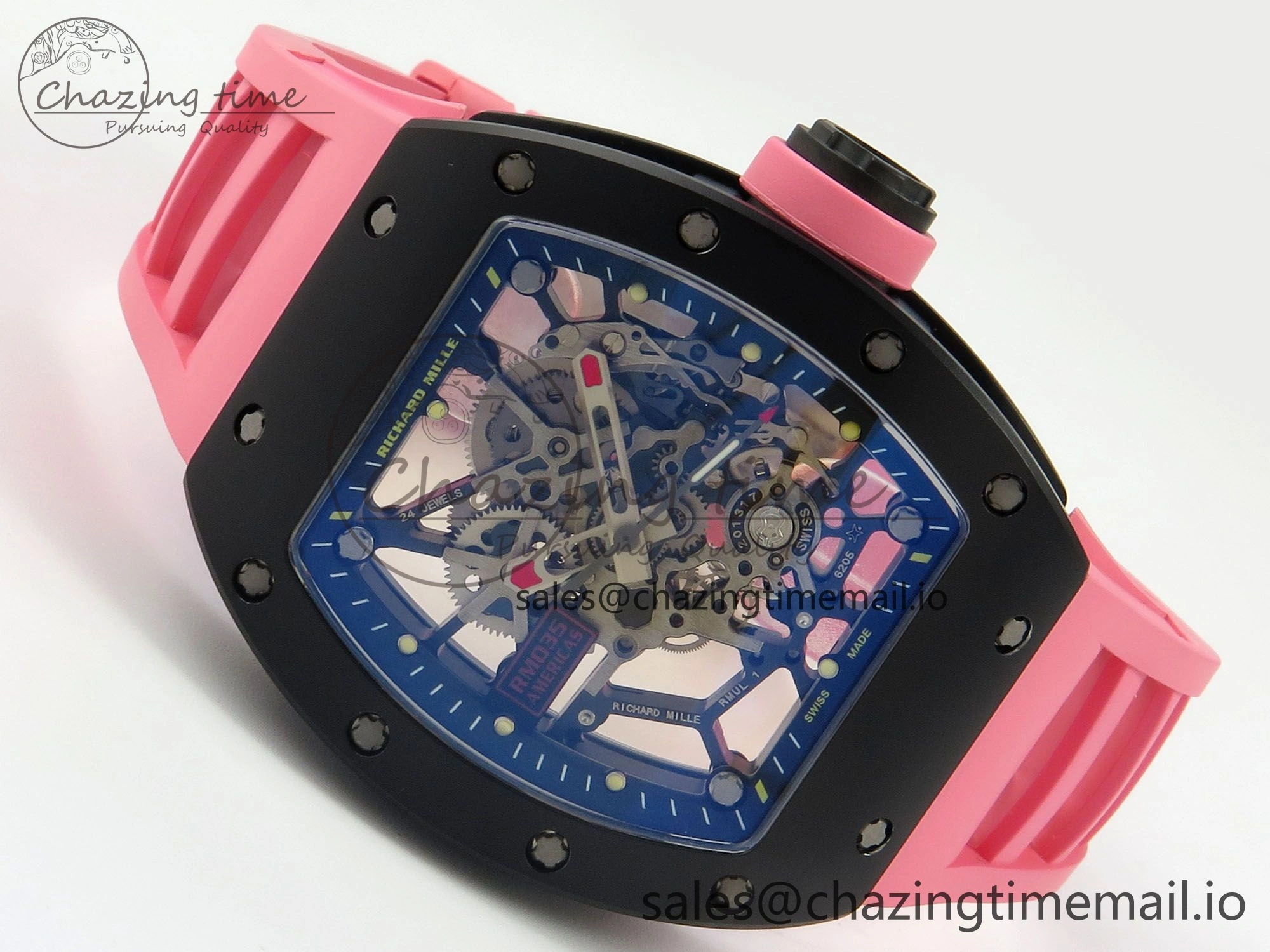 RM035 Americas RG Black Ceramic SONIC Best Edition Skeleton Dial on Pink Rubber Strap Clone RMUL Classic 9141