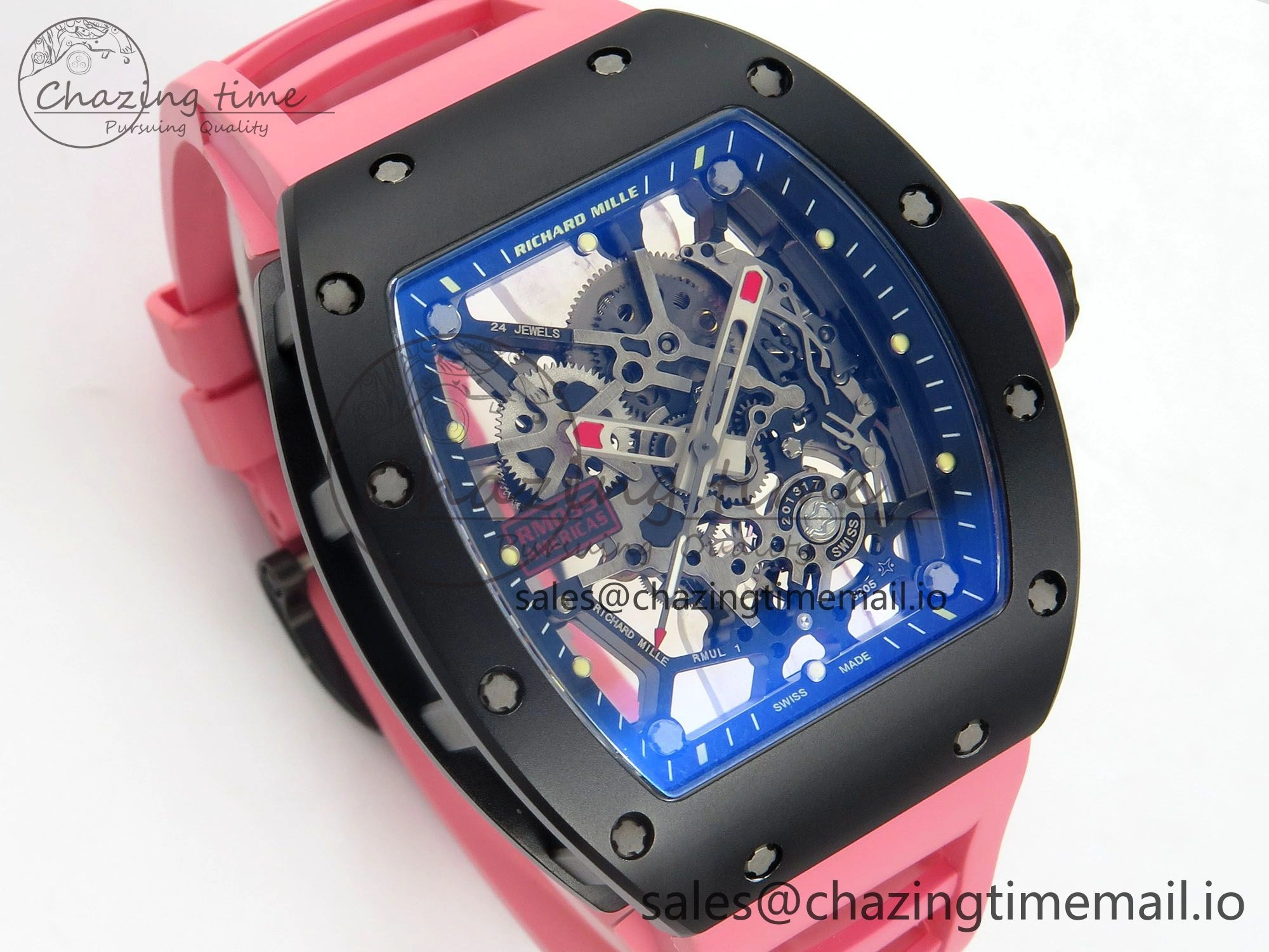 RM035 Americas RG Black Ceramic SONIC Best Edition Skeleton Dial on Pink Rubber Strap Clone RMUL Classic 9141
