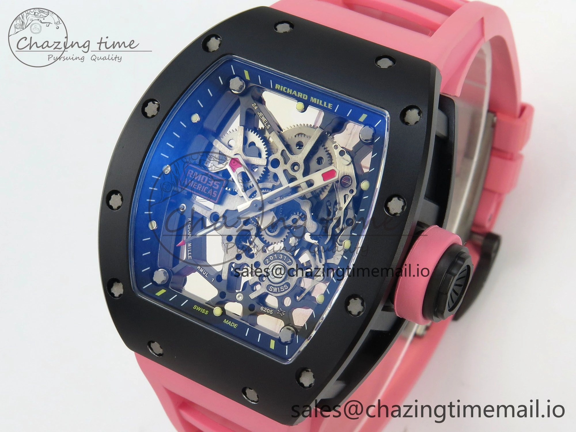 RM035 Americas RG Black Ceramic SONIC Best Edition Skeleton Dial on Pink Rubber Strap Clone RMUL Classic 9141
