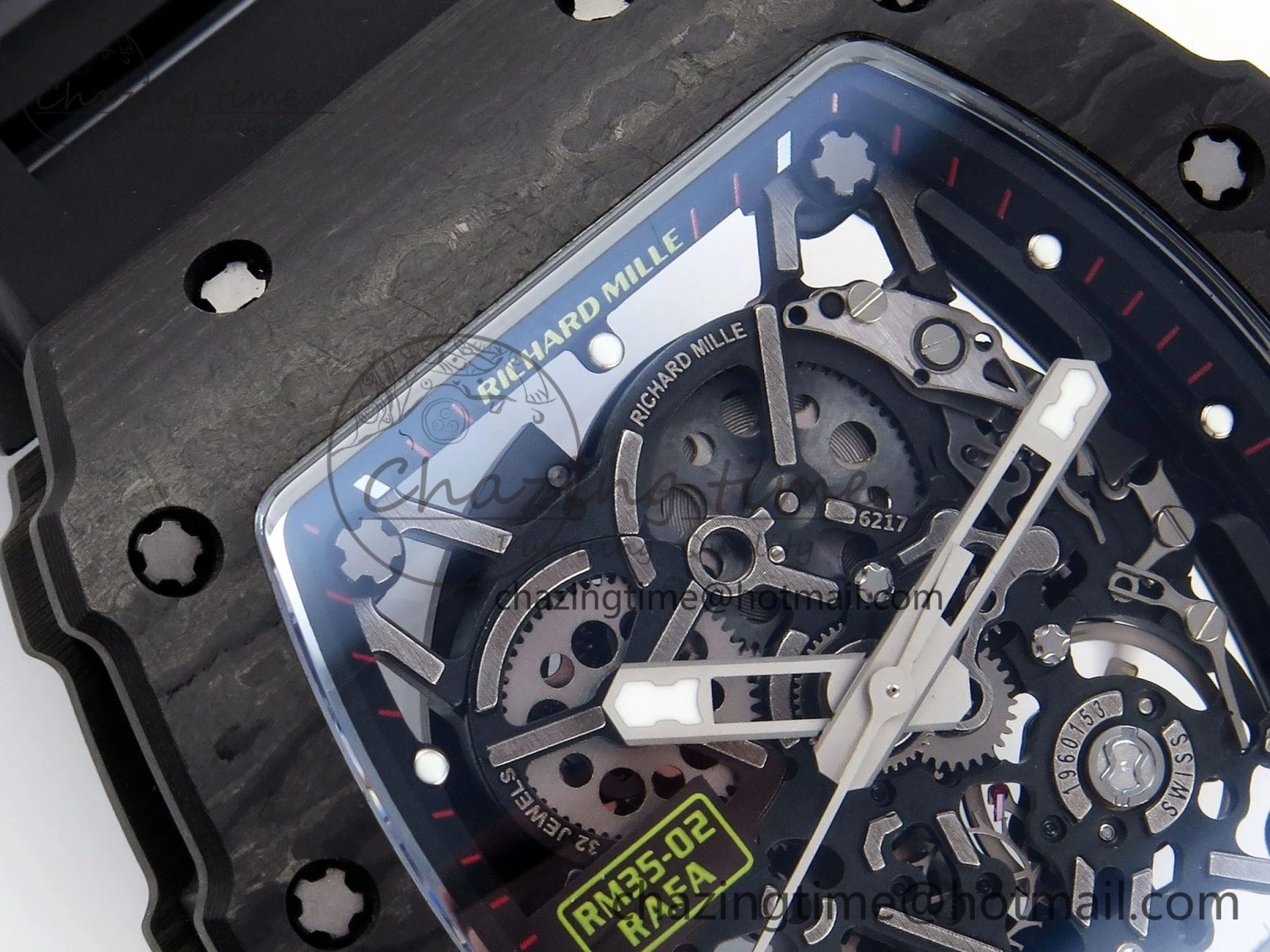 Attractive RM035 BLACK CARBON SONIC BEST EDITION SKELETON DIAL ON BLACK RUBBER STRAP CLONE RMUL 9314