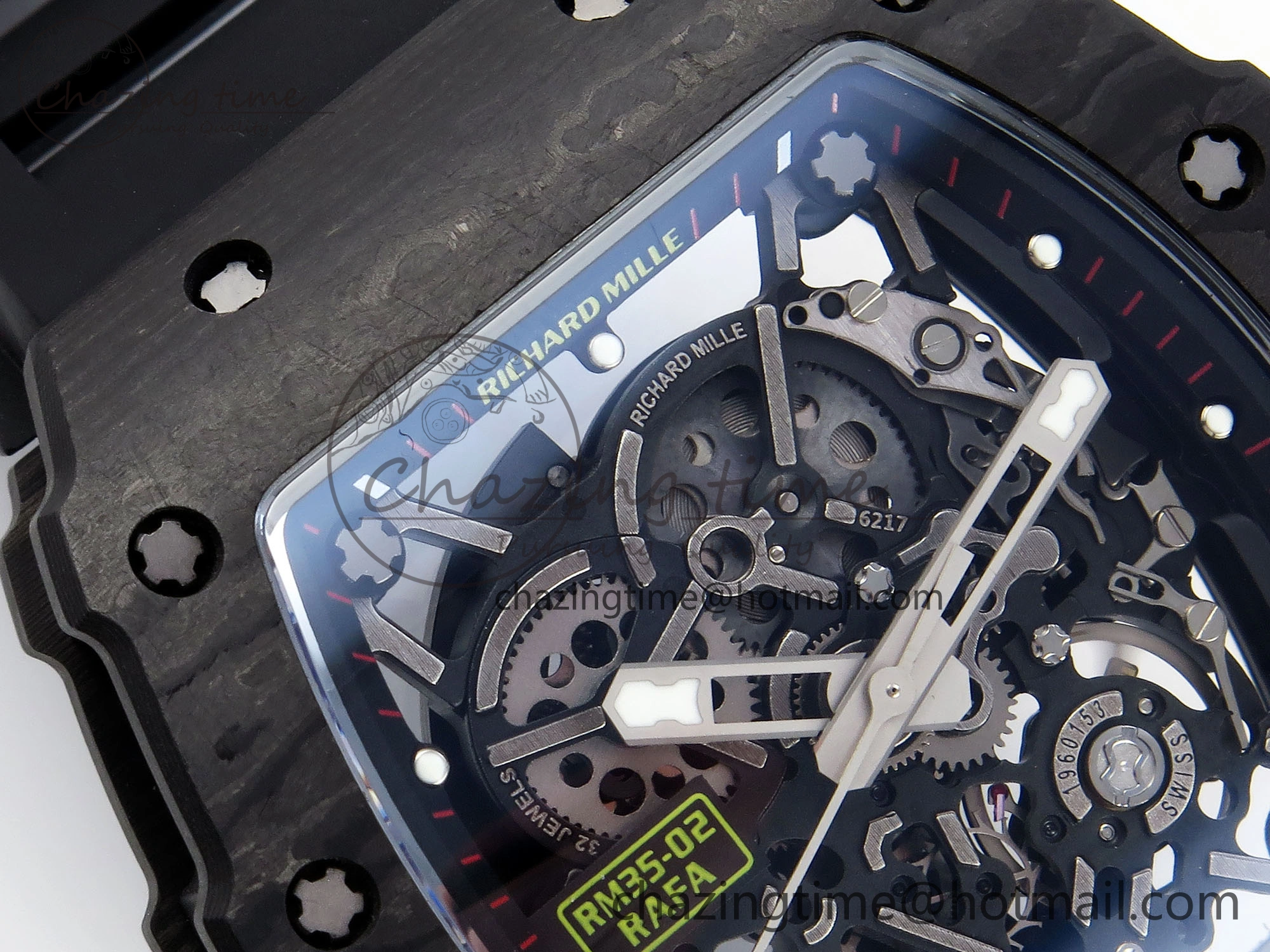 Attractive RM035 BLACK CARBON SONIC BEST EDITION SKELETON DIAL ON BLACK RUBBER STRAP CLONE RMUL 9314