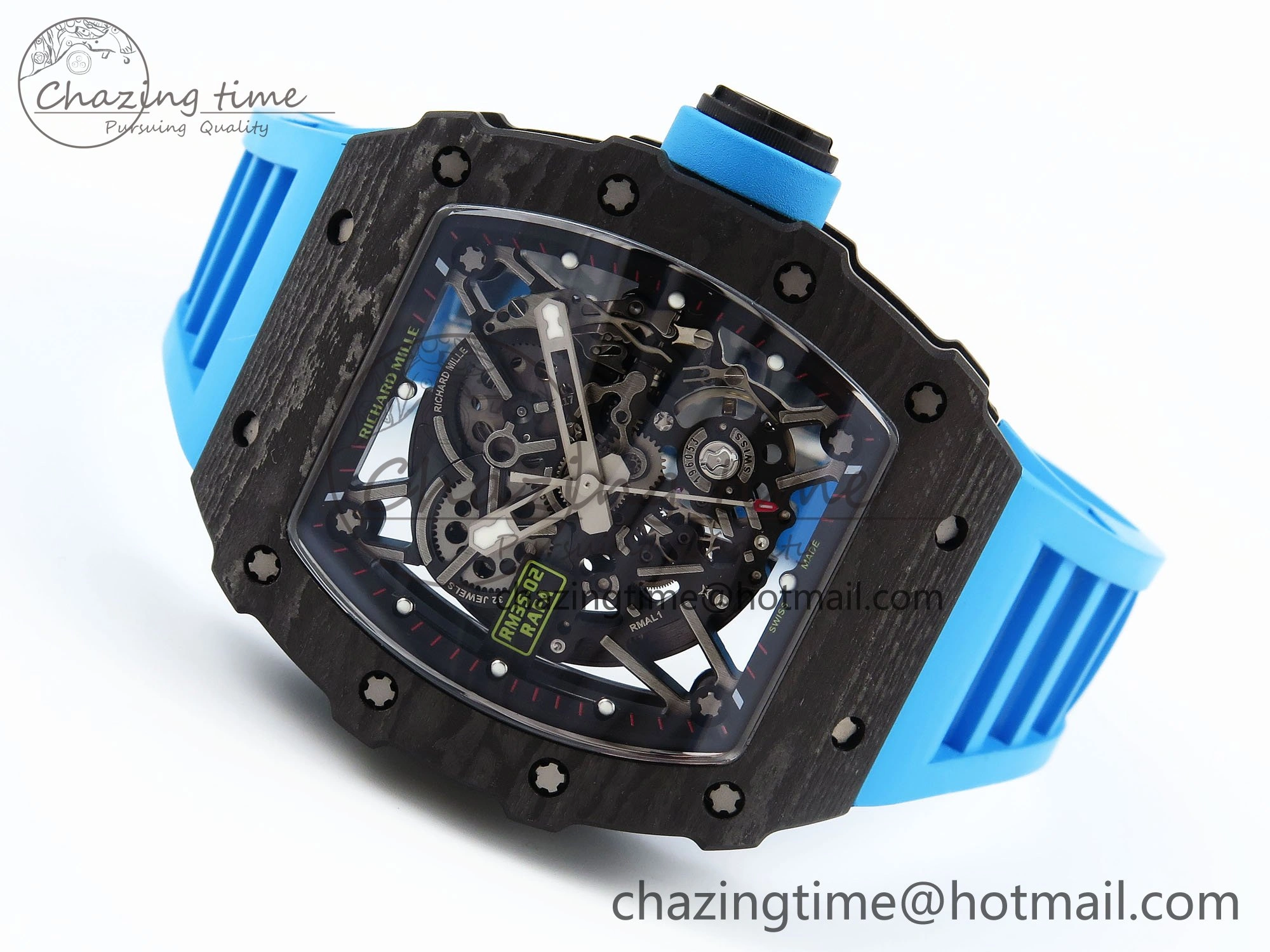 RM035 Black Carbon SONIC Best Edition Skeleton Dial on Blue Rubber Strap Clone RMUL TimelessDesign 9304
