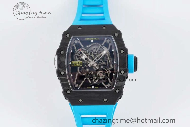 SmoothTexture RM035 Black Carbon SONIC Best Edition Skeleton Dial on Blue Rubber Strap Clone RMUL 9351