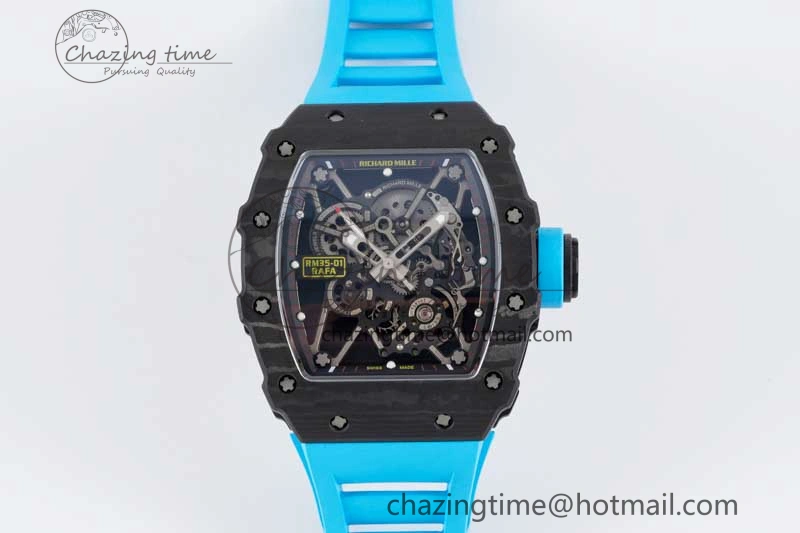 SmoothTexture RM035 Black Carbon SONIC Best Edition Skeleton Dial on Blue Rubber Strap Clone RMUL 9351