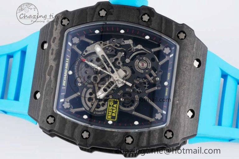 SmoothTexture RM035 Black Carbon SONIC Best Edition Skeleton Dial on Blue Rubber Strap Clone RMUL 9351