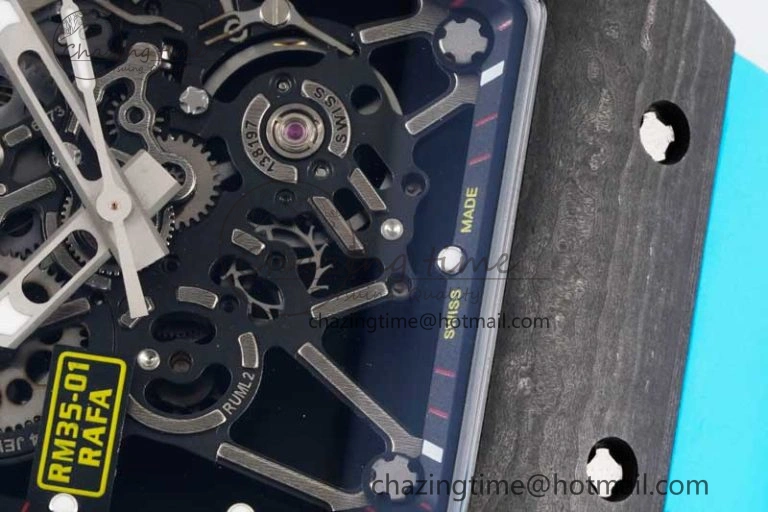 SmoothTexture RM035 Black Carbon SONIC Best Edition Skeleton Dial on Blue Rubber Strap Clone RMUL 9351