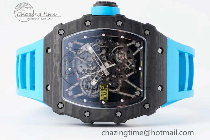 SmoothTexture RM035 Black Carbon SONIC Best Edition Skeleton Dial on Blue Rubber Strap Clone RMUL 9351