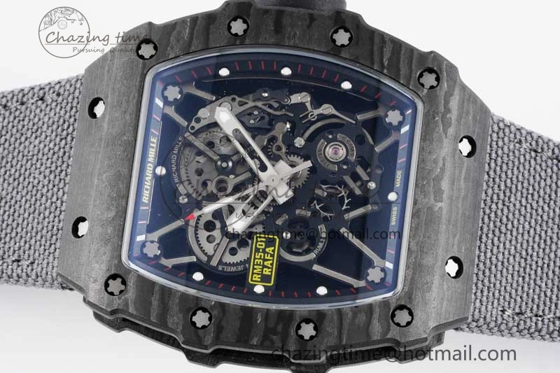 RM035 Black Carbon SONIC Best Edition Skeleton Dial on Gray Nylon Strap Clone RMUL Breathable 9349