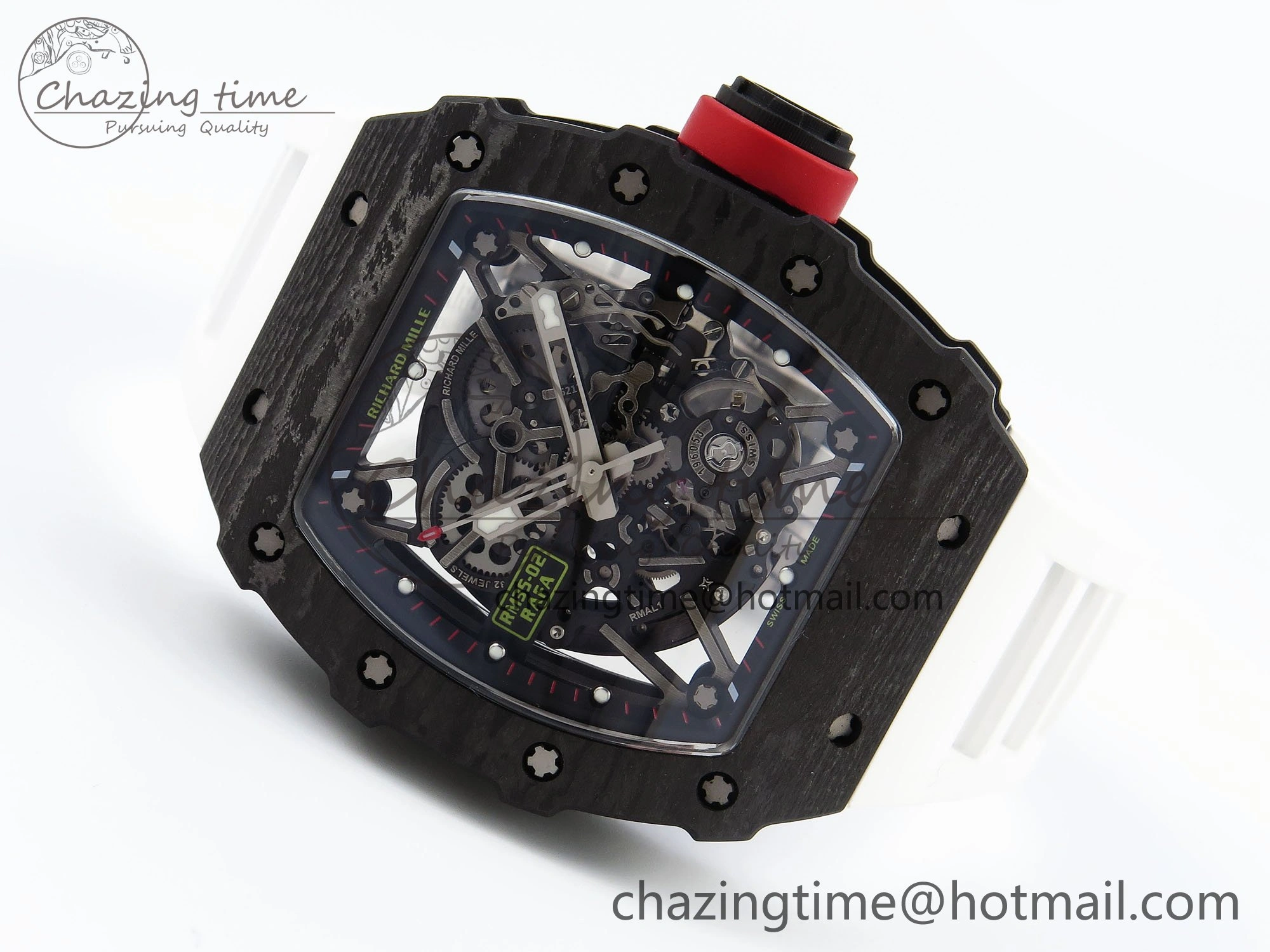 TimelessDesign RM035 Black Carbon SONIC Best Edition Skeleton Dial on White Rubber Strap Clone RMUL 9305