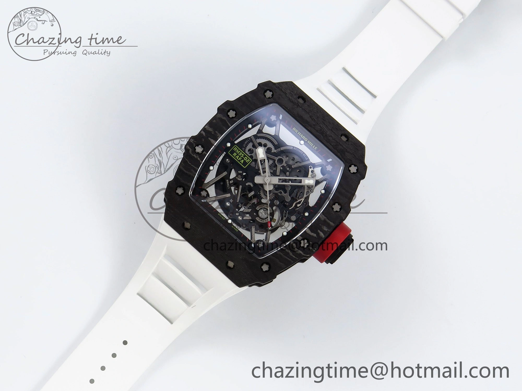 TimelessDesign RM035 Black Carbon SONIC Best Edition Skeleton Dial on White Rubber Strap Clone RMUL 9305