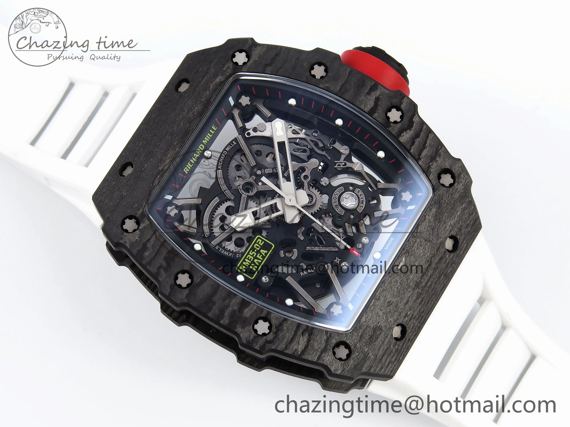 TimelessDesign RM035 Black Carbon SONIC Best Edition Skeleton Dial on White Rubber Strap Clone RMUL 9305