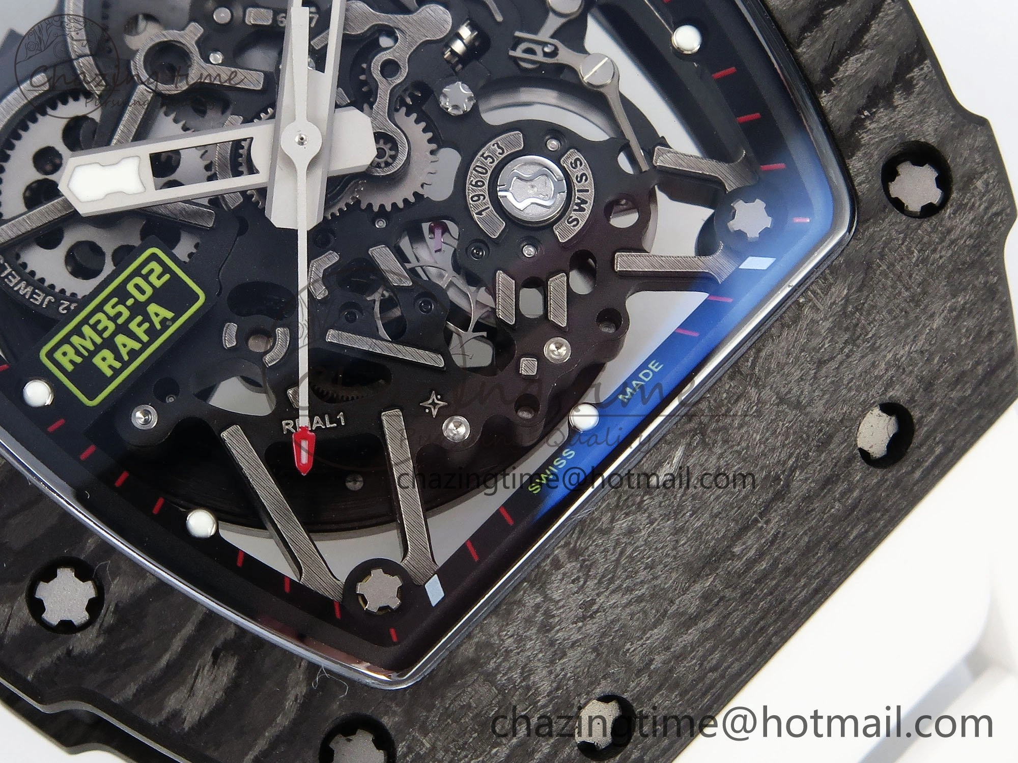 TimelessDesign RM035 Black Carbon SONIC Best Edition Skeleton Dial on White Rubber Strap Clone RMUL 9305