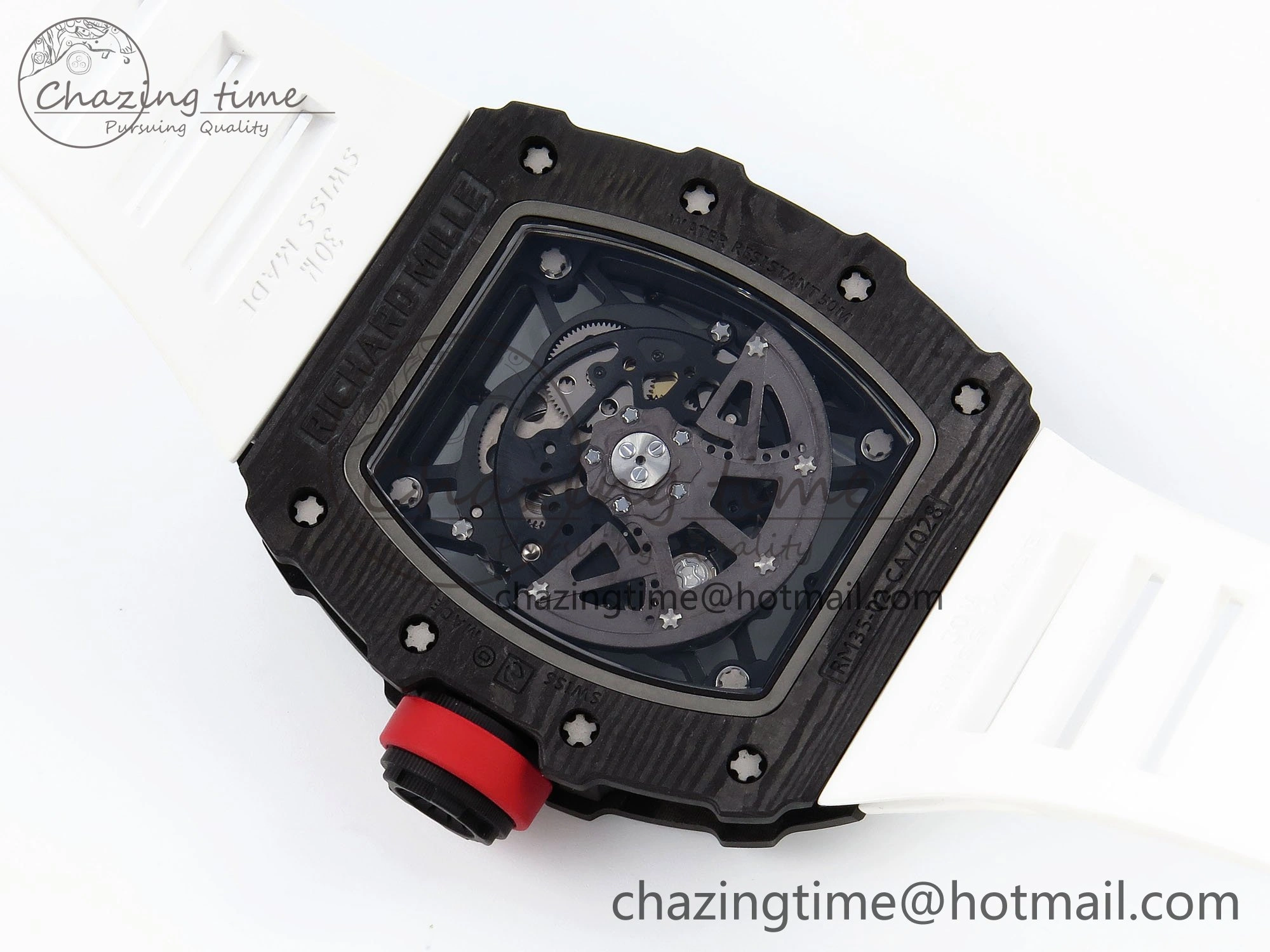 TimelessDesign RM035 Black Carbon SONIC Best Edition Skeleton Dial on White Rubber Strap Clone RMUL 9305