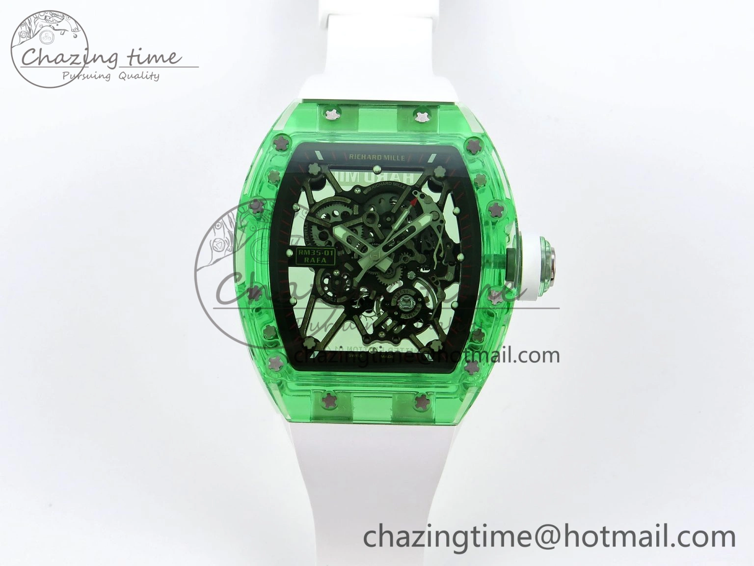 Durable RM035 Green Transparent RMF Best Edition Skeleton Dial on White Rubber Strap Clone RMUL 9329