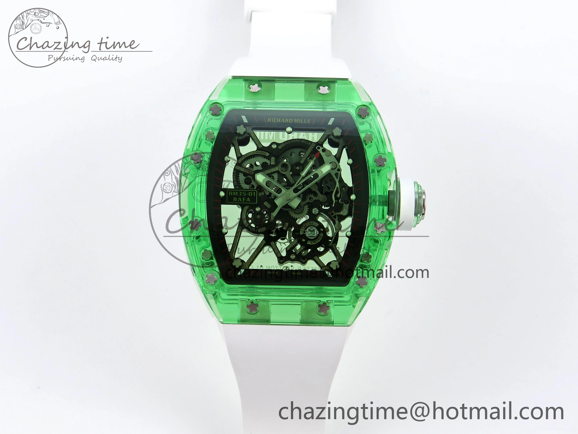 Durable RM035 Green Transparent RMF Best Edition Skeleton Dial on White Rubber Strap Clone RMUL 9329