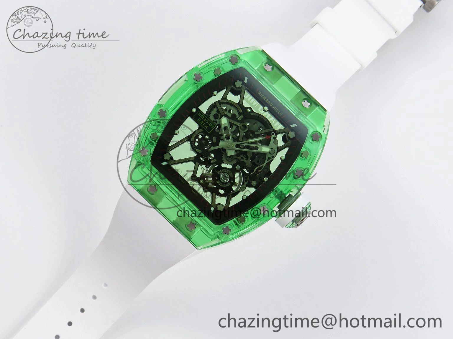 Durable RM035 Green Transparent RMF Best Edition Skeleton Dial on White Rubber Strap Clone RMUL 9329