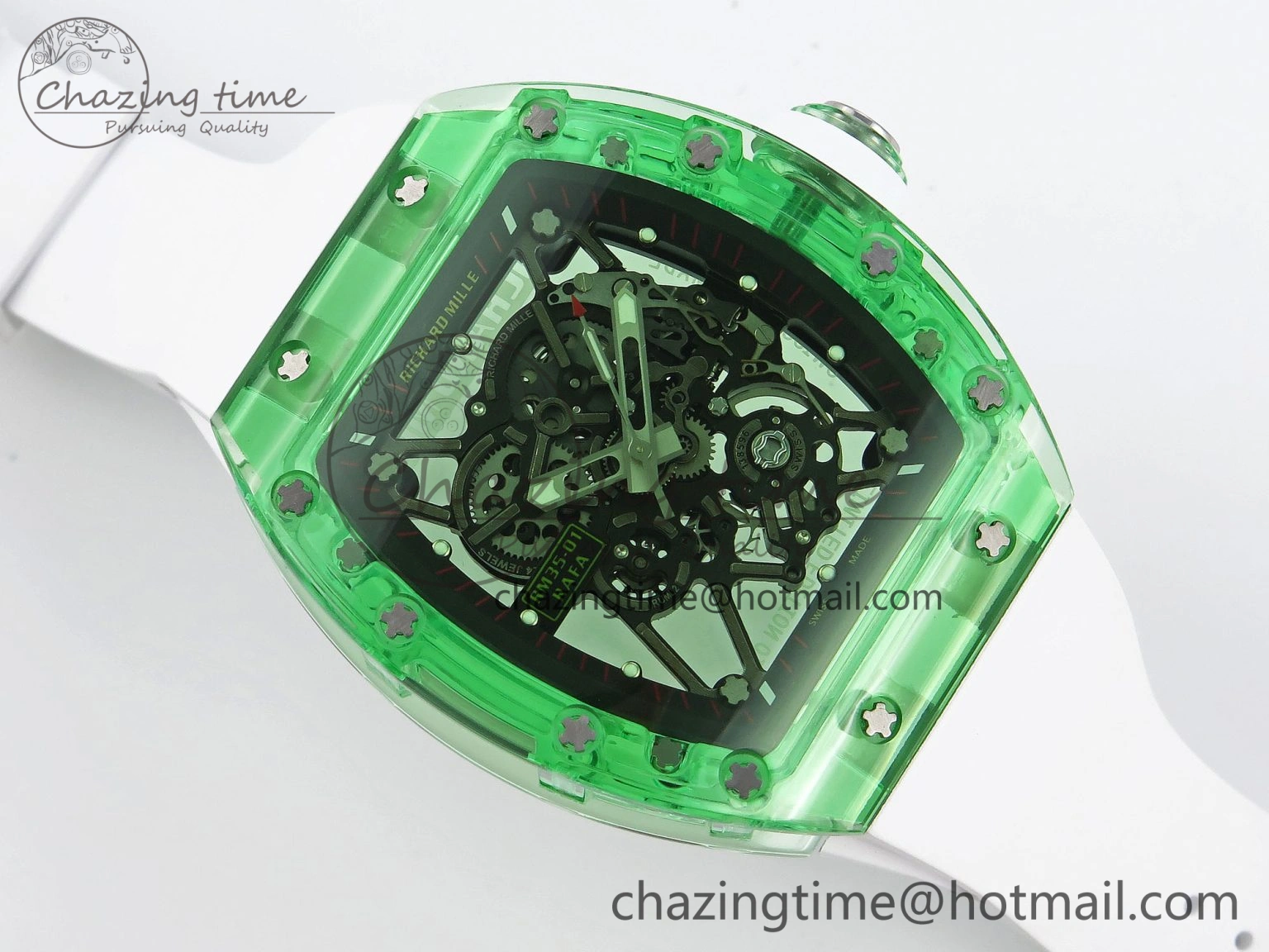 Durable RM035 Green Transparent RMF Best Edition Skeleton Dial on White Rubber Strap Clone RMUL 9329