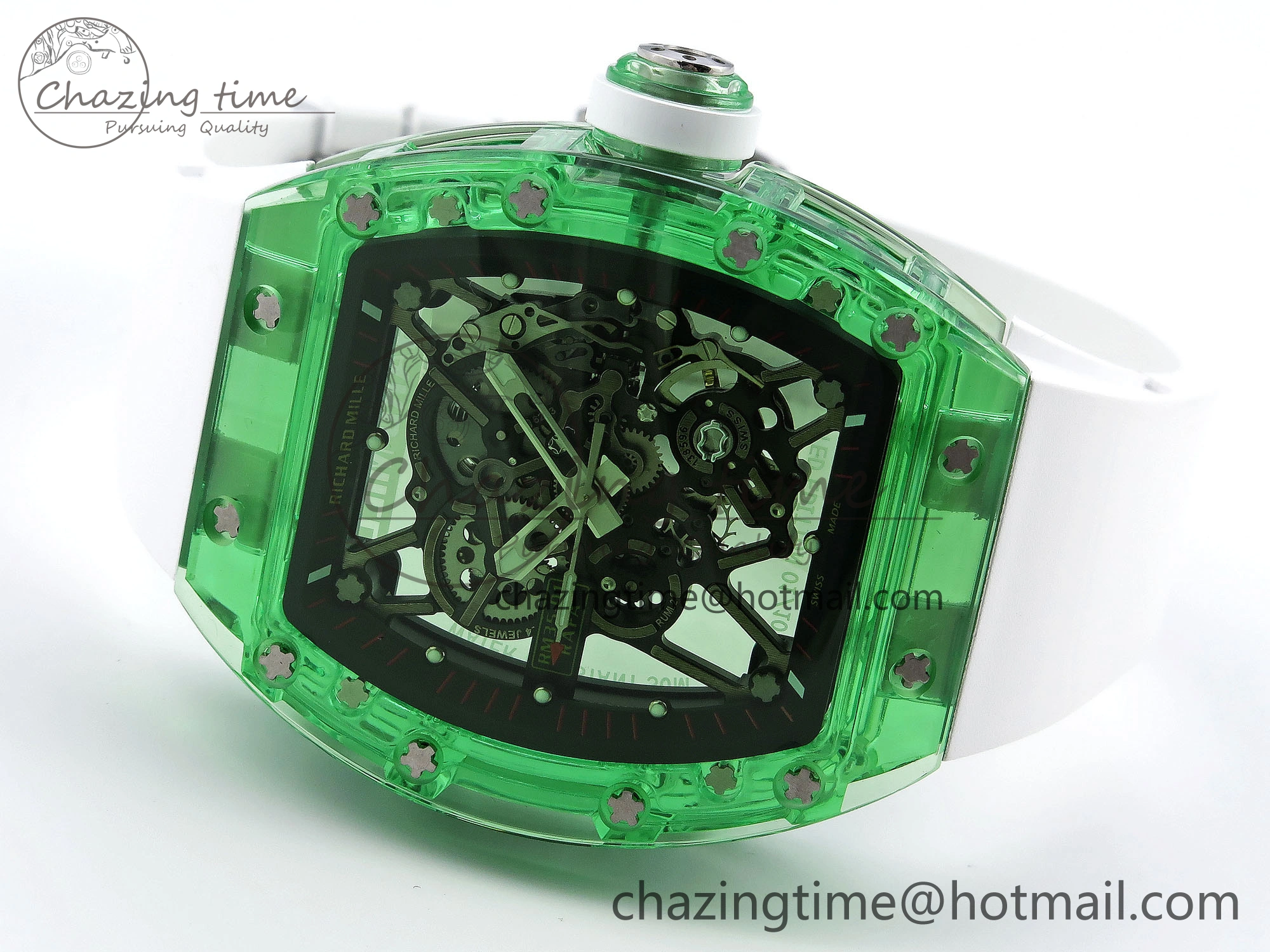 Durable RM035 Green Transparent RMF Best Edition Skeleton Dial on White Rubber Strap Clone RMUL 9329