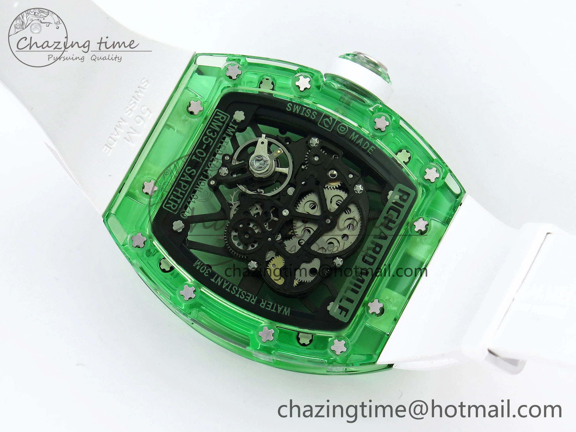 Durable RM035 Green Transparent RMF Best Edition Skeleton Dial on White Rubber Strap Clone RMUL 9329