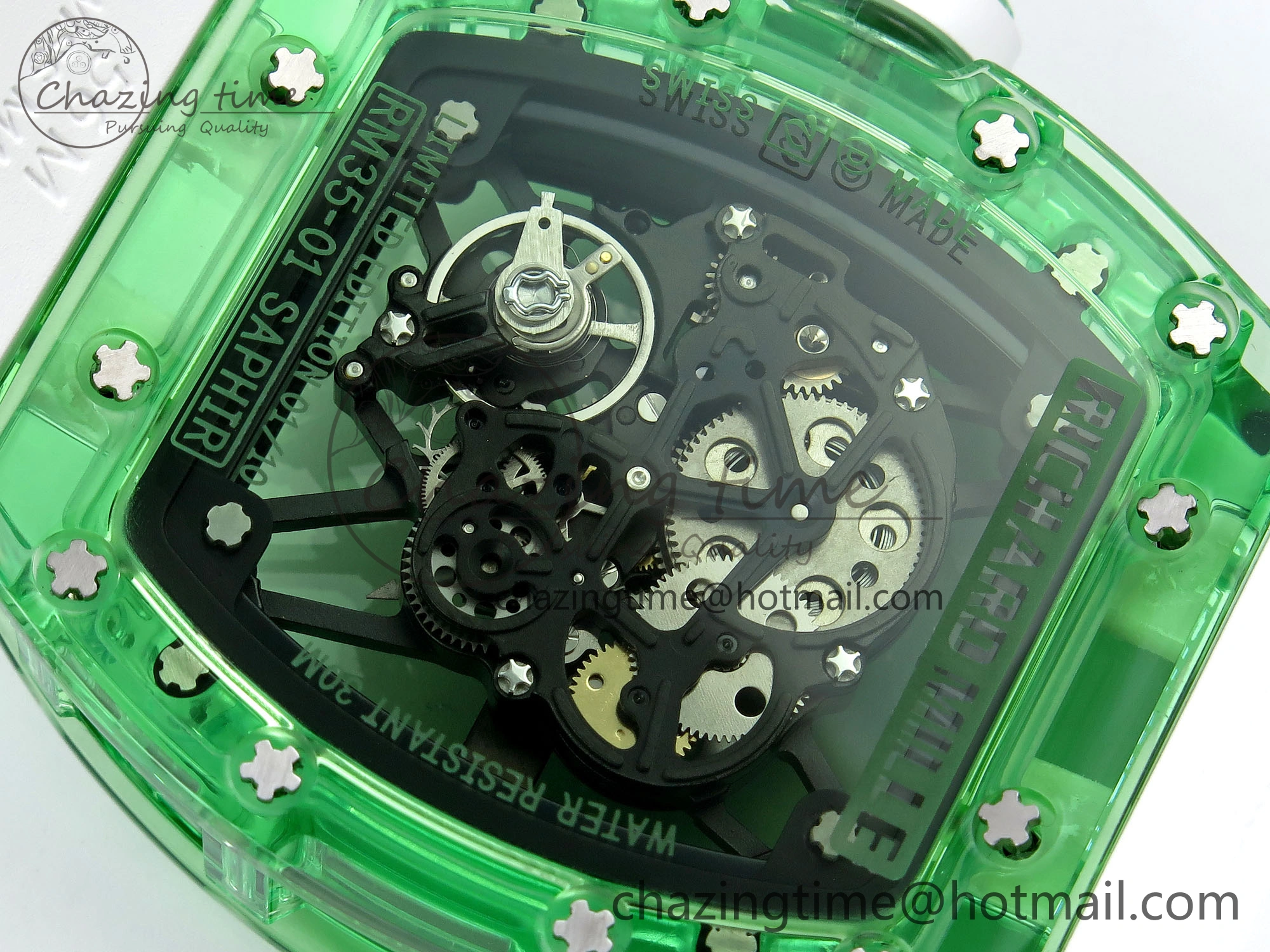 Durable RM035 Green Transparent RMF Best Edition Skeleton Dial on White Rubber Strap Clone RMUL 9329
