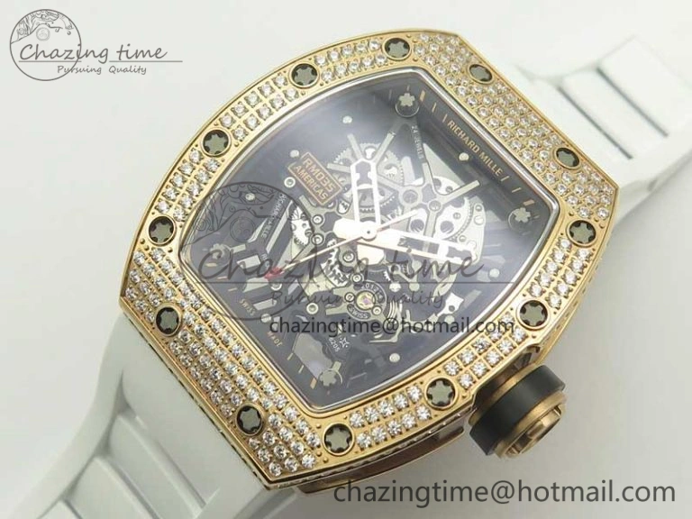 RM035 RG Diamonds Bezel KVF Best Edition Skeleton Dial on White Rubber Strap MIYOTA WaterResistant 9470