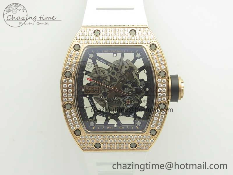 RM035 RG Diamonds Bezel KVF Best Edition Skeleton Dial on White Rubber Strap MIYOTA WaterResistant 9470
