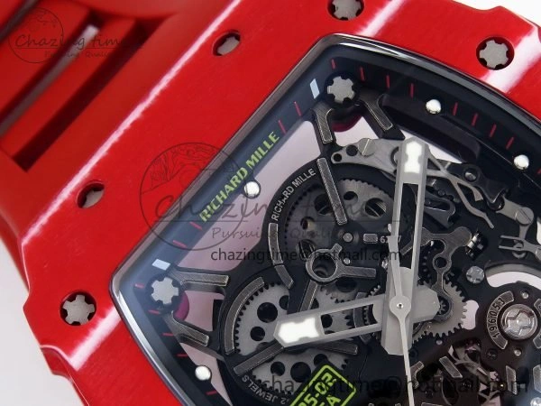Popular RM035 Red Carbon SONIC Best Edition Skeleton Dial on Red Rubber Strap Clone RMUL 9311