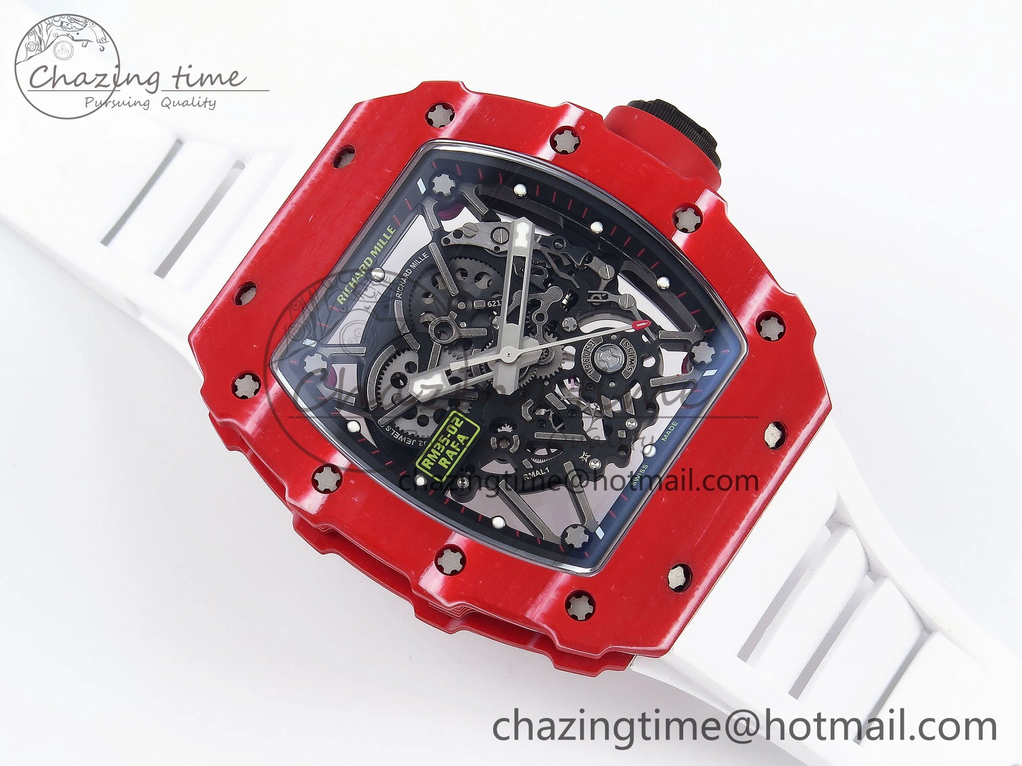 Durable RM035 Red Carbon SONIC Best Edition Skeleton Dial on White Rubber Strap Clone RMUL 9308